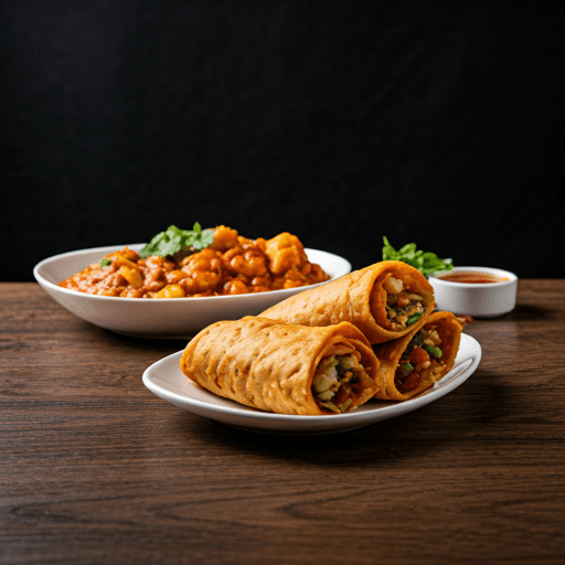 Delicious Indian curry rolls and street food spread on a table