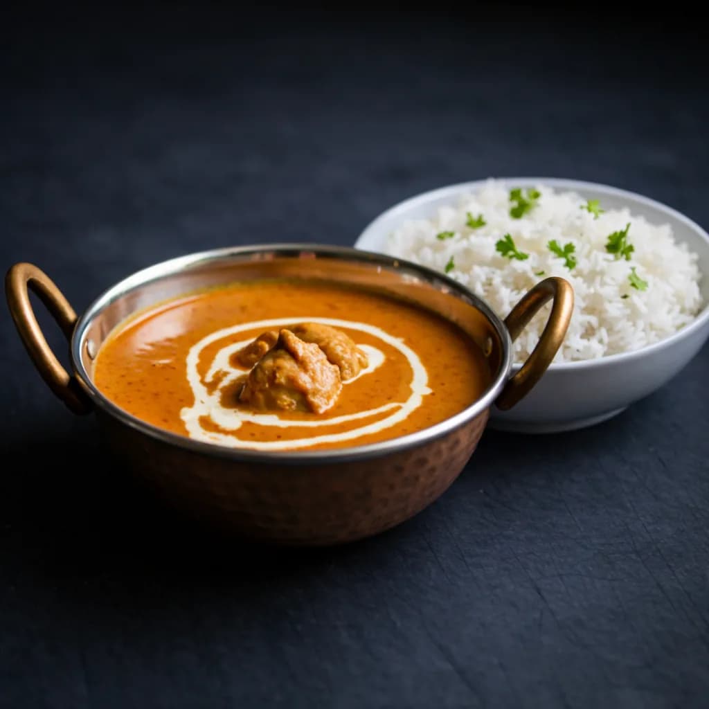Butter chicken curry served with basmati rice
